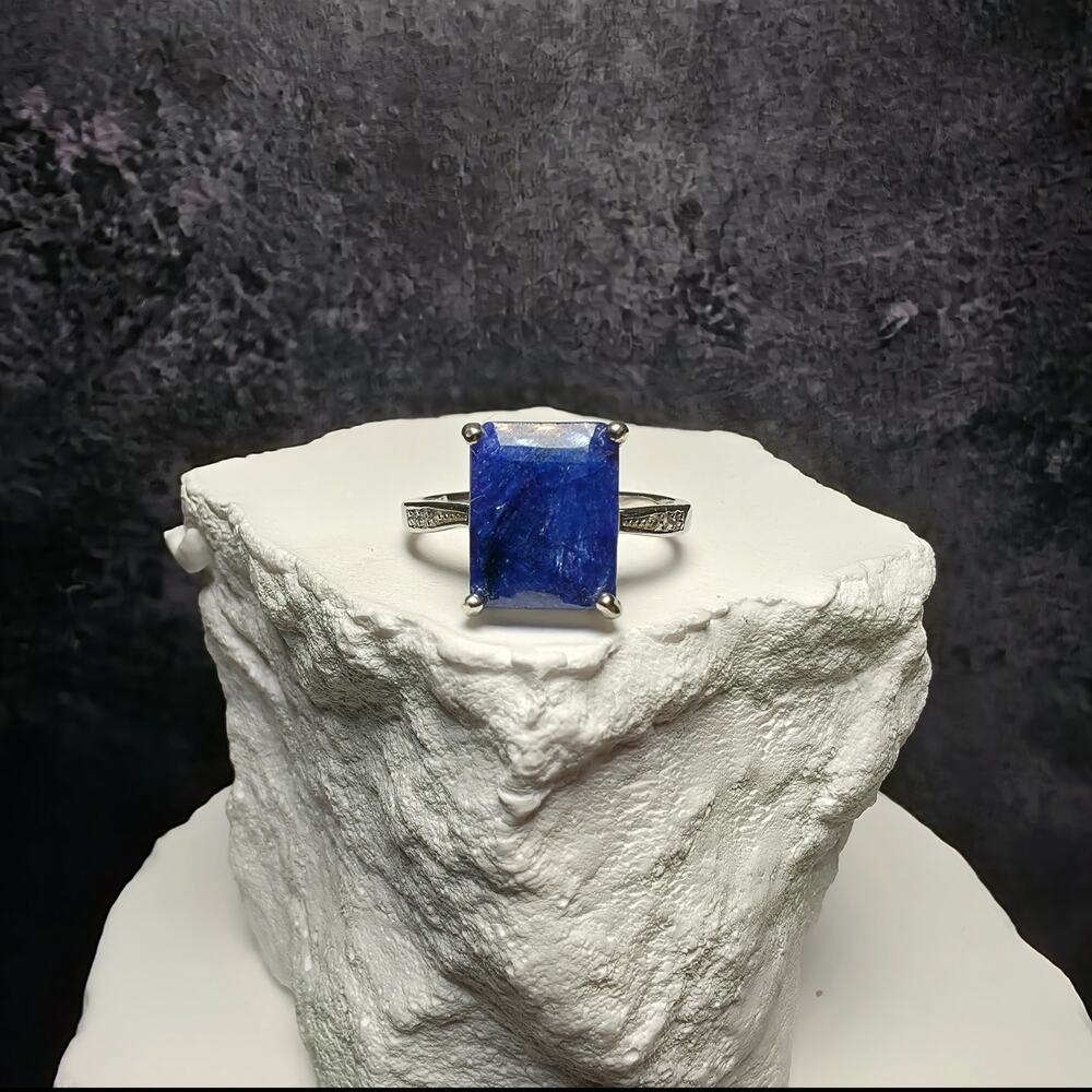 Natural Lapis Lazuli Ring S925 Sterling Silver Emerald Cut - Size 6, 2mm